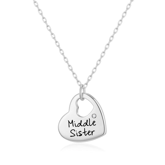 Rhodium Plated Middle Sister Heart Necklace Created with Zircondia® Crystals - Philip Jones Jewellery