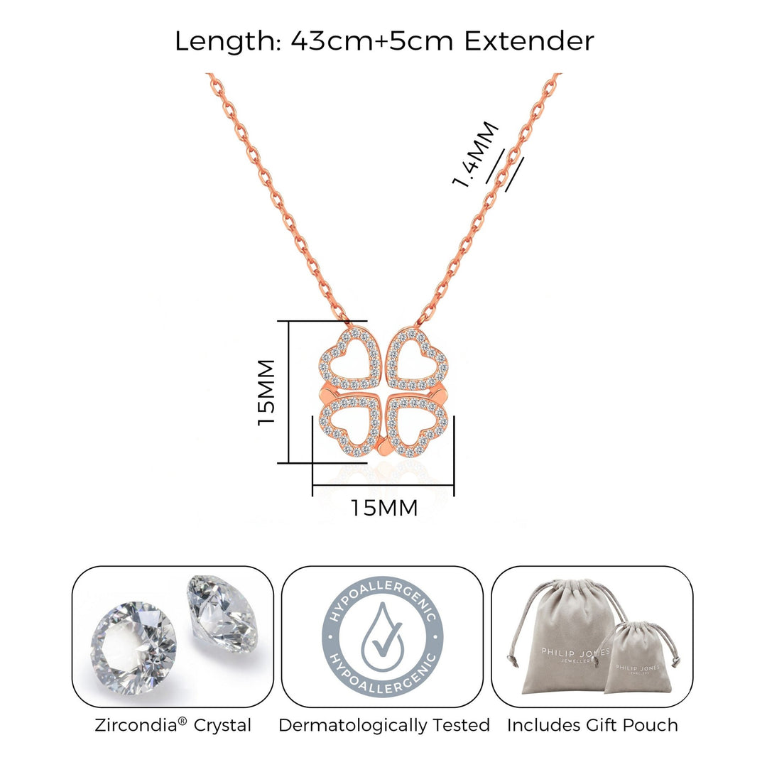 Rose Gold Plated 2 in 1 Four Leaf Clover Heart Charm Necklace Created with Zircondia® Crystals - Philip Jones Jewellery