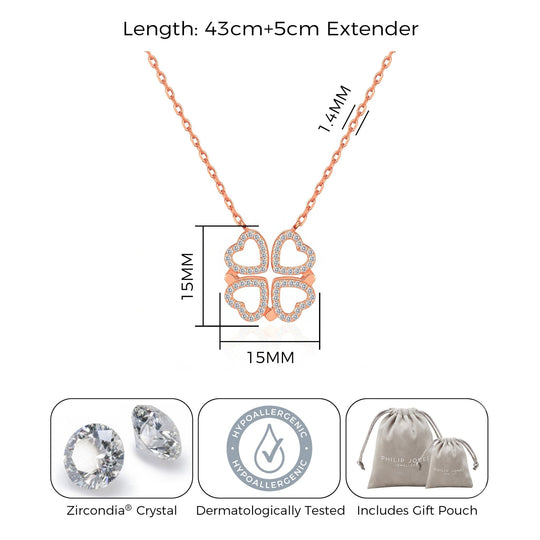 Rose Gold Plated 2 in 1 Four Leaf Clover Heart Charm Necklace Created with Zircondia® Crystals - Philip Jones Jewellery
