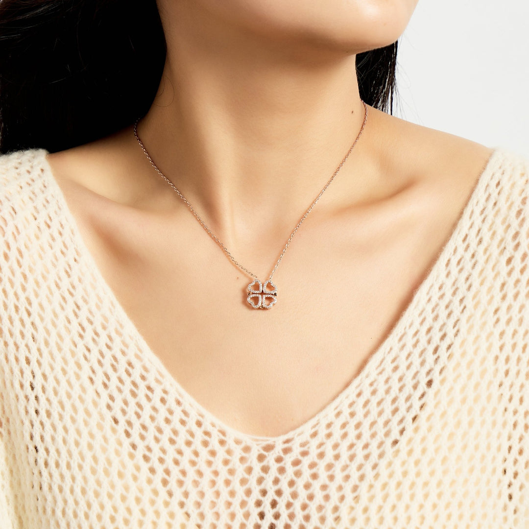 Rose Gold Plated 2 in 1 Four Leaf Clover Heart Charm Necklace Created with Zircondia® Crystals - Philip Jones Jewellery