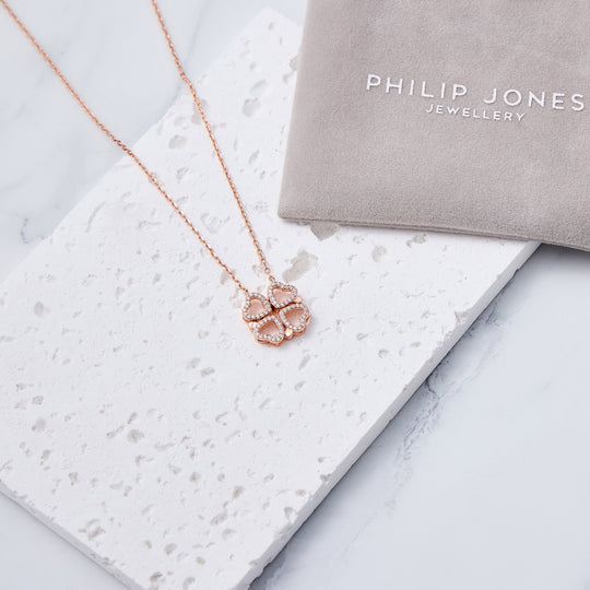 Rose Gold Plated 2 in 1 Four Leaf Clover Heart Charm Necklace Created with Zircondia® Crystals - Philip Jones Jewellery