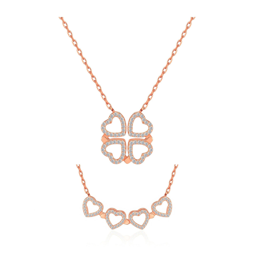 Rose Gold Plated 2 in 1 Four Leaf Clover Heart Charm Necklace Created with Zircondia® Crystals - Philip Jones Jewellery