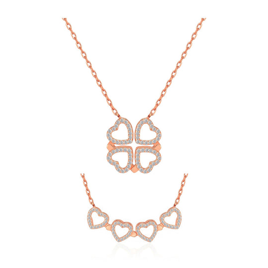 Rose Gold Plated 2 in 1 Four Leaf Clover Heart Charm Necklace Created with Zircondia® Crystals - Philip Jones Jewellery