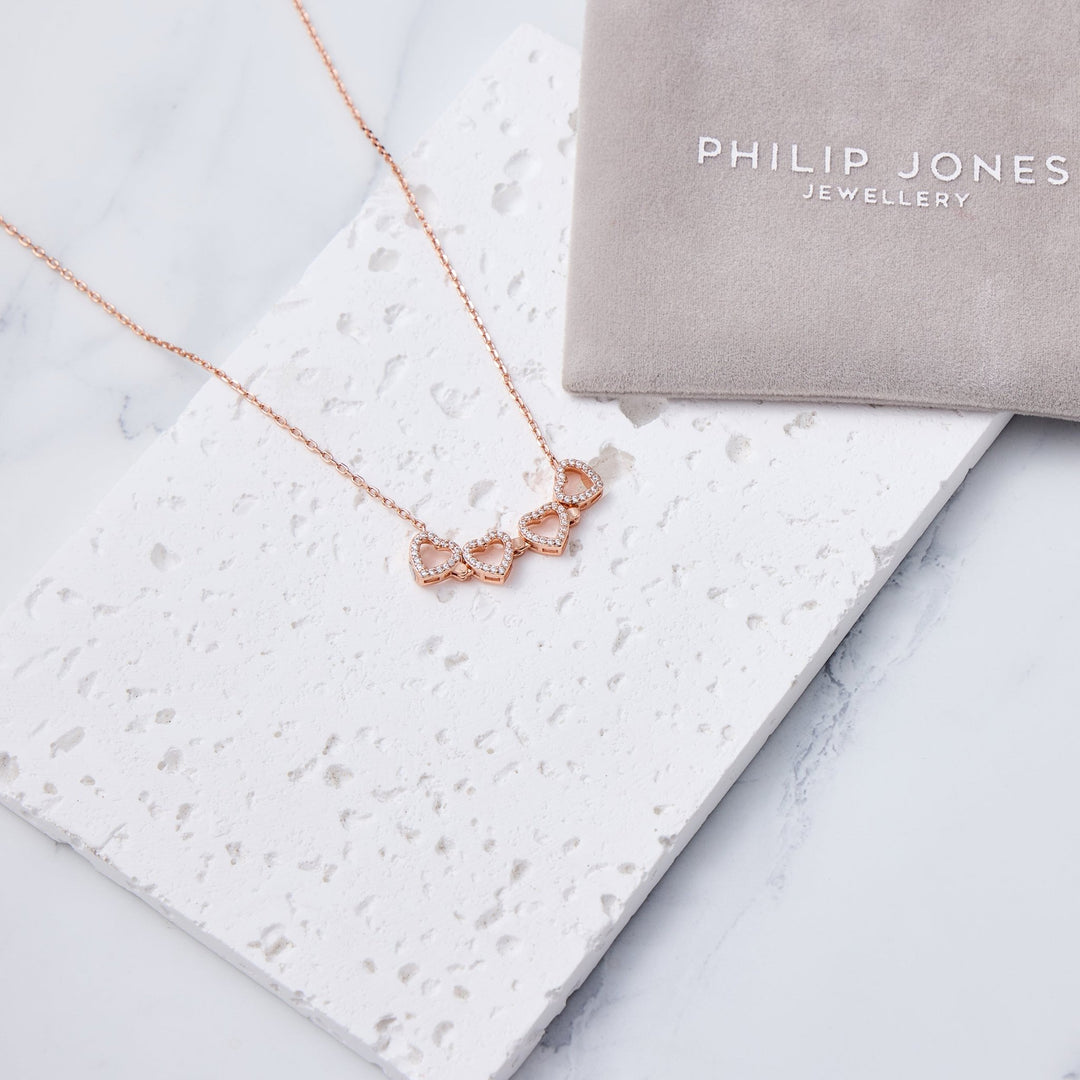 Rose Gold Plated 2 in 1 Four Leaf Clover Heart Charm Necklace Created with Zircondia® Crystals - Philip Jones Jewellery