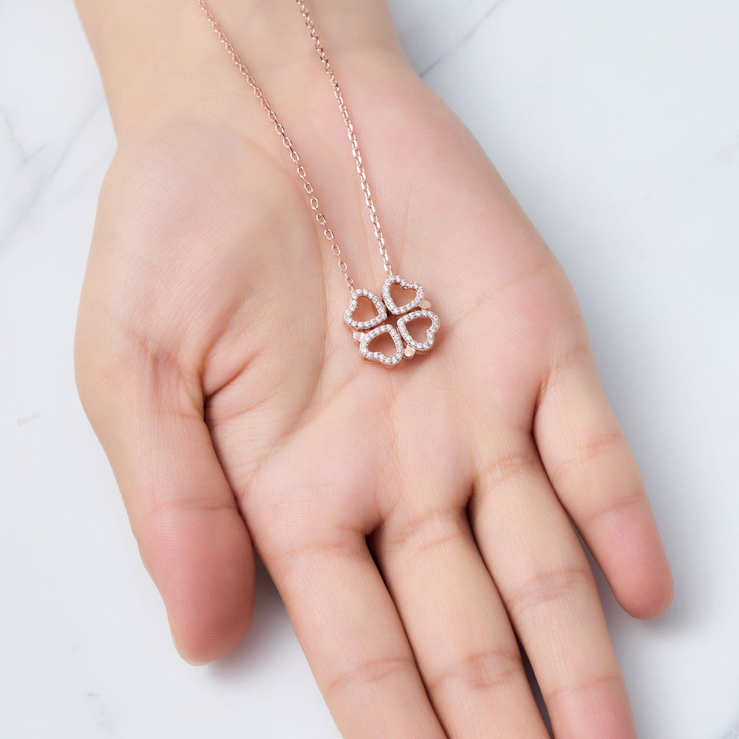 Rose Gold Plated 2 in 1 Four Leaf Clover Heart Charm Necklace Created with Zircondia® Crystals - Philip Jones Jewellery