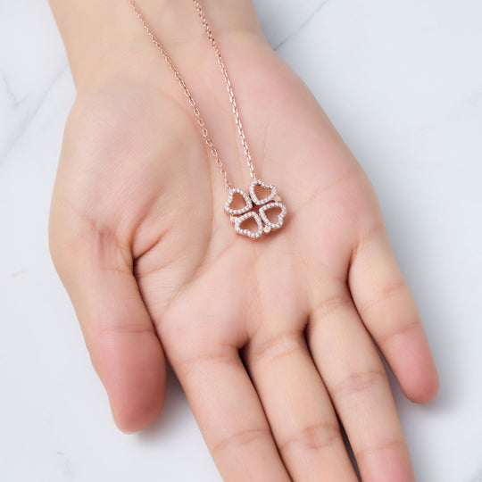 Rose Gold Plated 2 in 1 Four Leaf Clover Heart Charm Necklace Created with Zircondia® Crystals - Philip Jones Jewellery