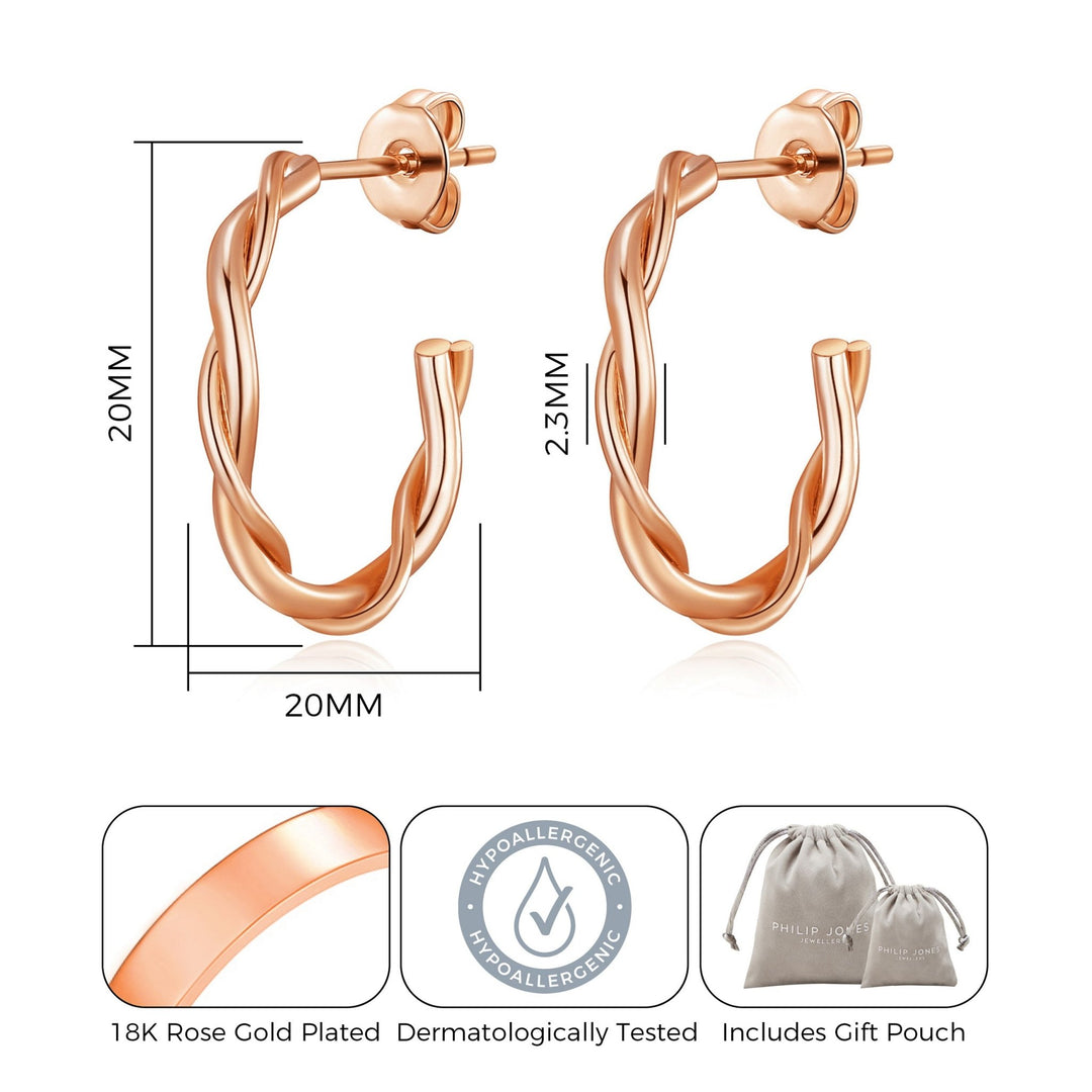 Rose Gold Plated 20mm Twisted Hoop Earrings - Philip Jones Jewellery