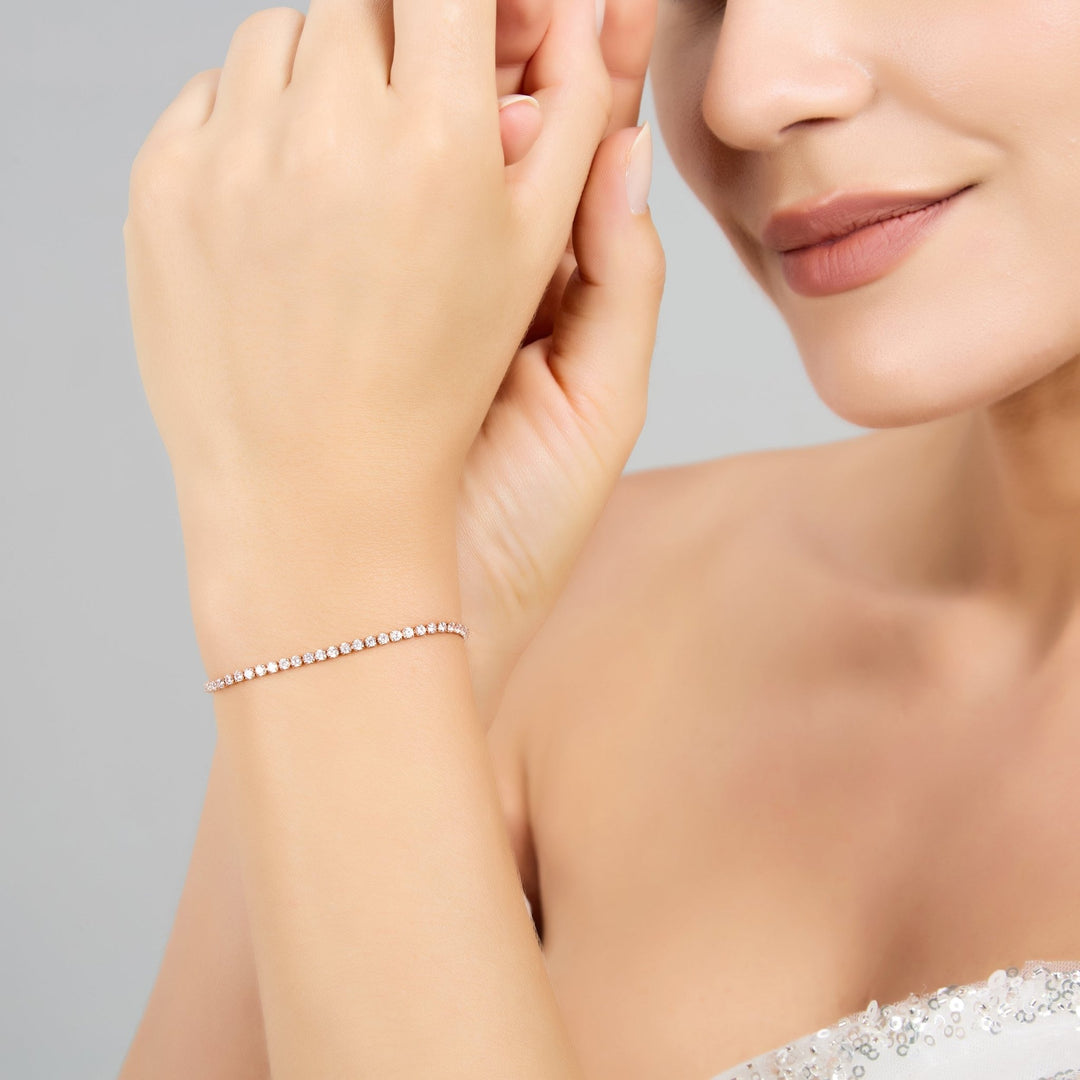 Rose Gold Plated 2mm Adjustable Tennis Bridal Bracelet Created with Zircondia® Crystals - Philip Jones Jewellery