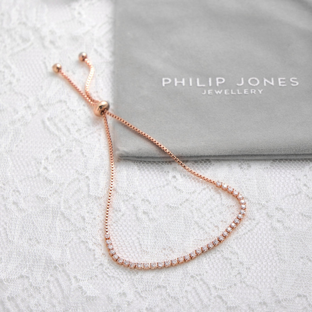 Rose Gold Plated 2mm Adjustable Tennis Bridal Bracelet Created with Zircondia® Crystals - Philip Jones Jewellery