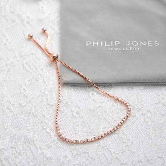 Rose Gold Plated 2mm Adjustable Tennis Bridal Bracelet Created with Zircondia® Crystals - Philip Jones Jewellery