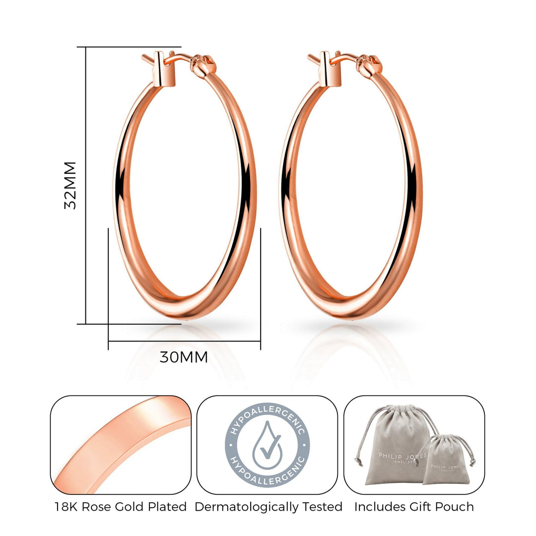 Rose Gold Plated 30mm Hoop Earrings - Philip Jones Jewellery