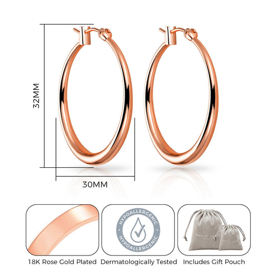 Rose Gold Plated 30mm Hoop Earrings - Philip Jones Jewellery