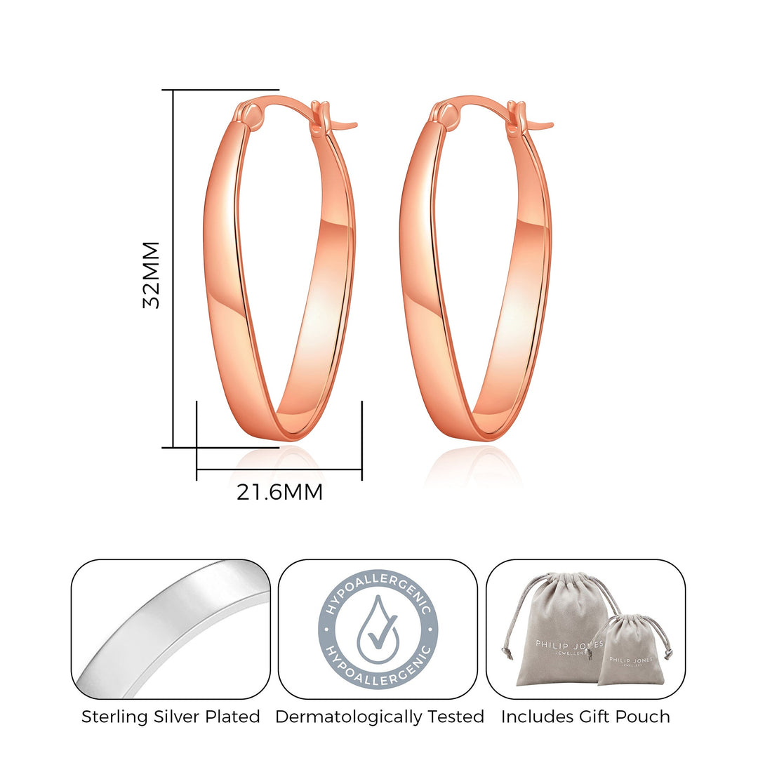 Rose Gold Plated 30mm Oval Hoop Earrings - Philip Jones Jewellery