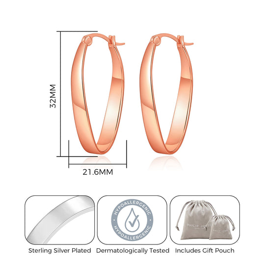Rose Gold Plated 30mm Oval Hoop Earrings - Philip Jones Jewellery
