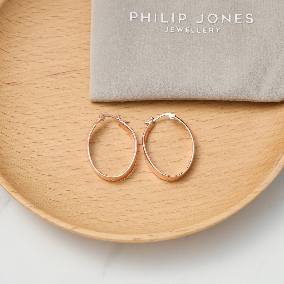 Rose Gold Plated 30mm Oval Hoop Earrings - Philip Jones Jewellery