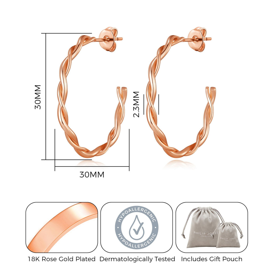 Rose Gold Plated 30mm Twisted Hoop Earrings - Philip Jones Jewellery
