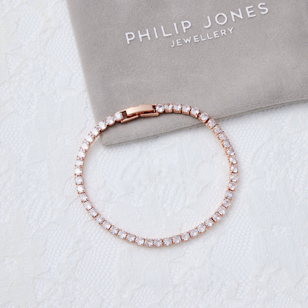 Rose Gold Plated 3mm Bridal Tennis Bracelet Created with Zircondia® Crystals - Philip Jones Jewellery