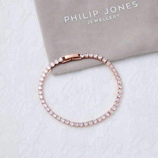 Rose Gold Plated 3mm Bridal Tennis Bracelet Created with Zircondia® Crystals - Philip Jones Jewellery
