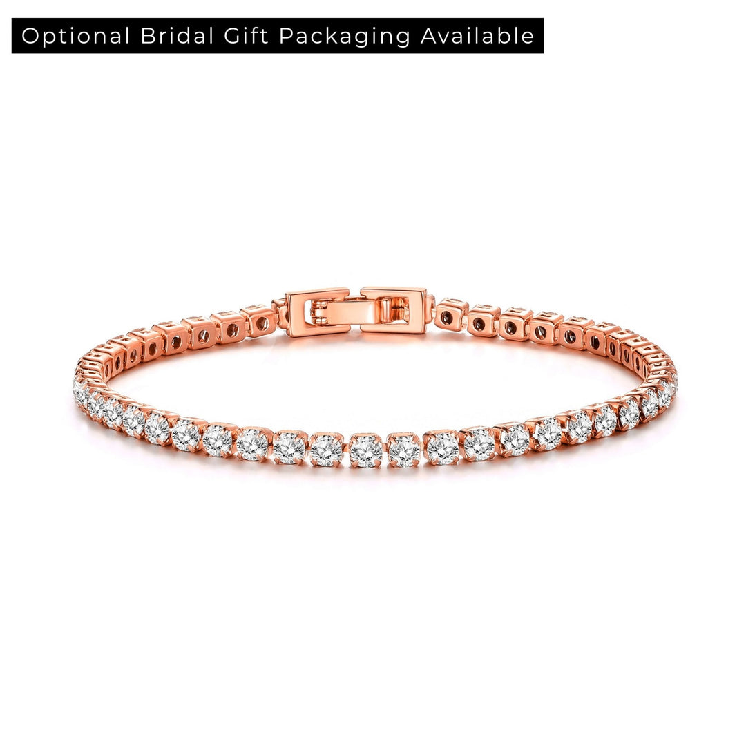 Rose Gold Plated 3mm Bridal Tennis Bracelet Created with Zircondia® Crystals - Philip Jones Jewellery