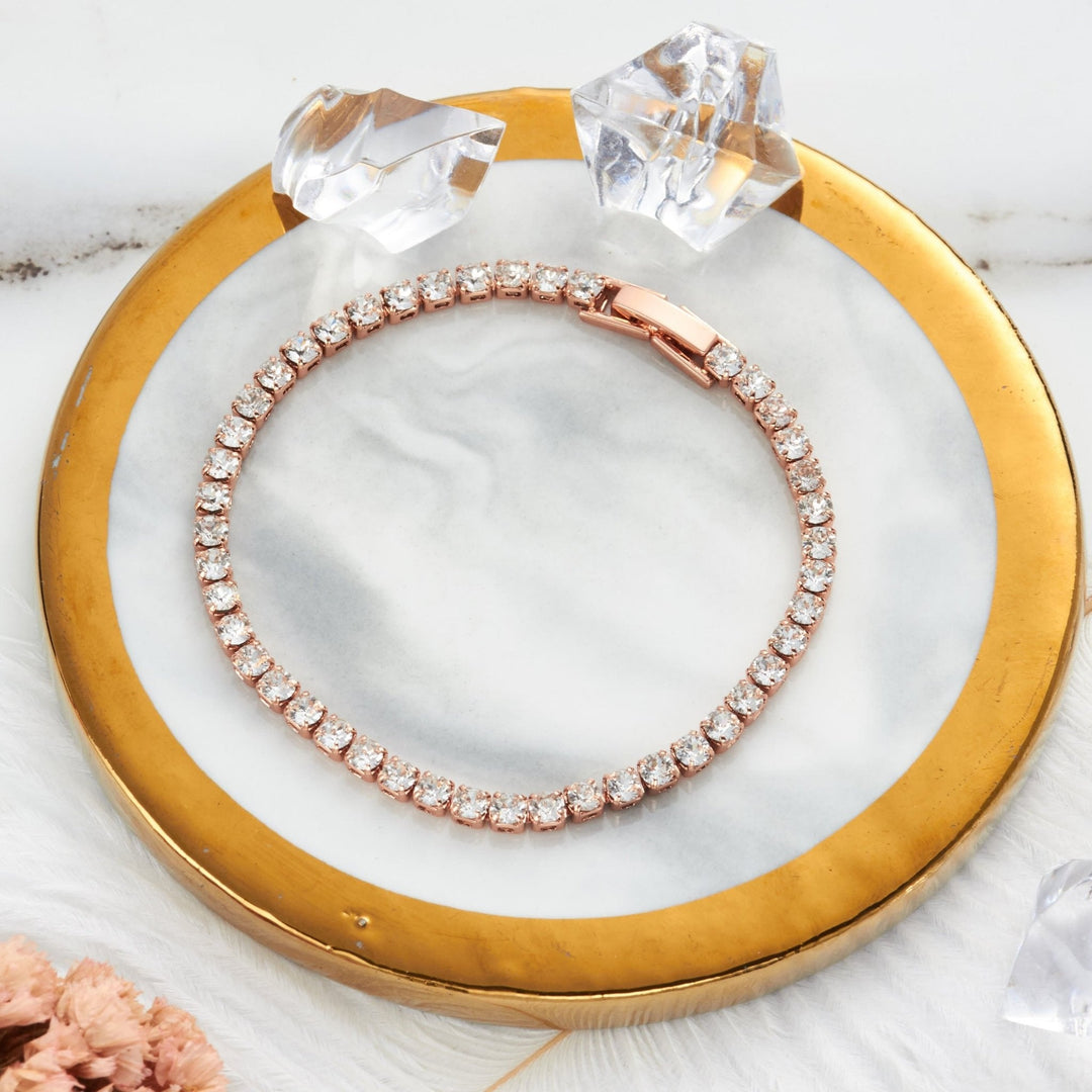 Rose Gold Plated 3mm Bridal Tennis Bracelet Created with Zircondia® Crystals Lifestyle Images by Philip Jones