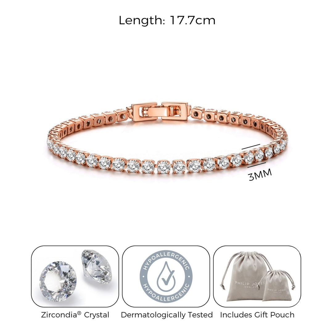 Rose Gold Plated 3mm Tennis Bracelet Created with Zircondia® Crystals - Philip Jones Jewellery