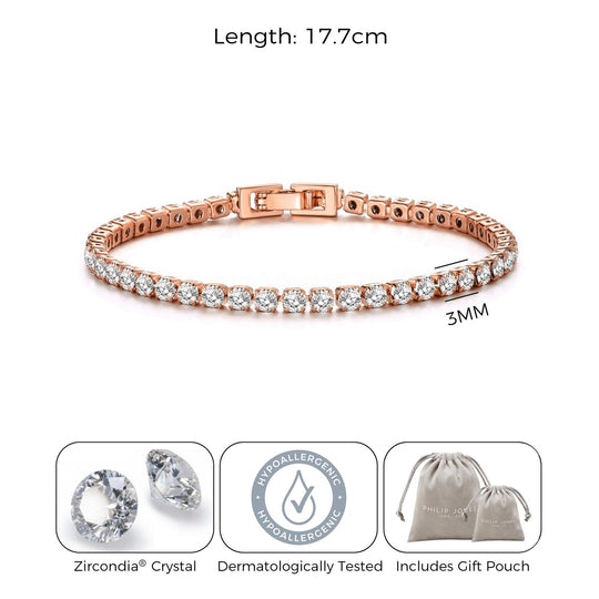 Rose Gold Plated 3mm Tennis Bracelet Created with Zircondia® Crystals - Philip Jones Jewellery