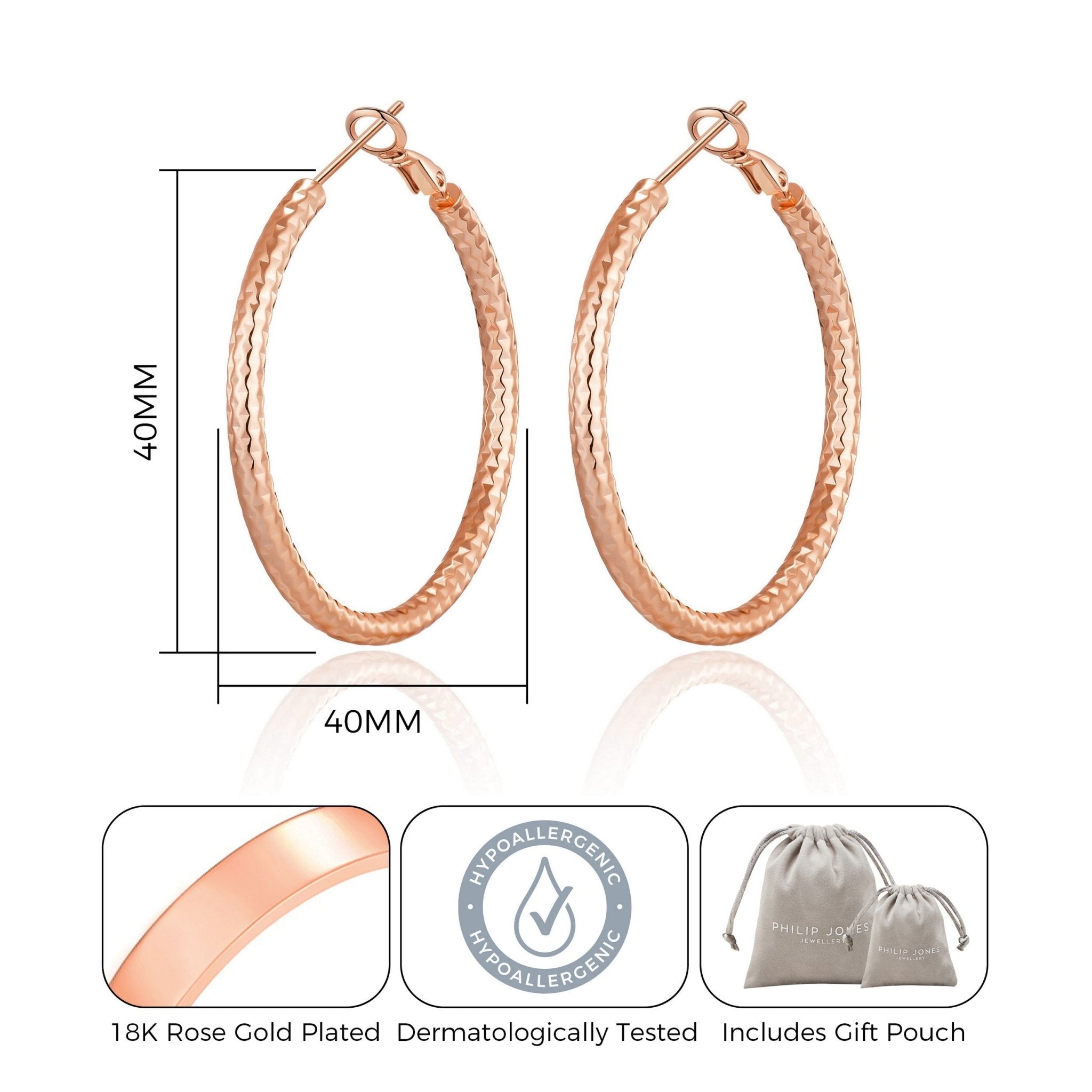 Rose Gold Plated 40mm Diamond Cut Hoop Earrings - Philip Jones Jewellery