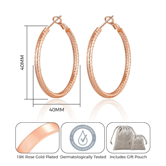 Rose Gold Plated 40mm Diamond Cut Hoop Earrings - Philip Jones Jewellery