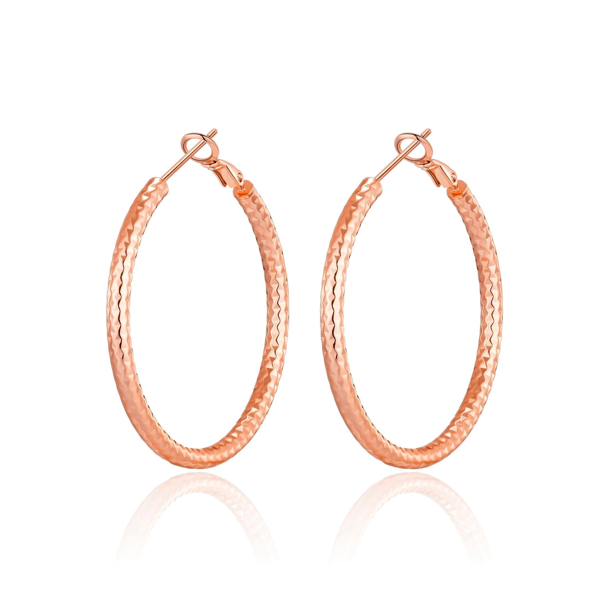 Rose Gold Plated 40mm Diamond Cut Hoop Earrings - Philip Jones Jewellery