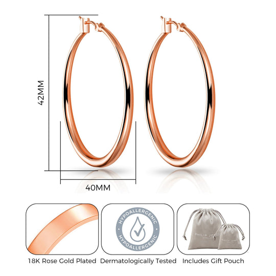 Rose Gold Plated 40mm Hoop Earrings - Philip Jones Jewellery