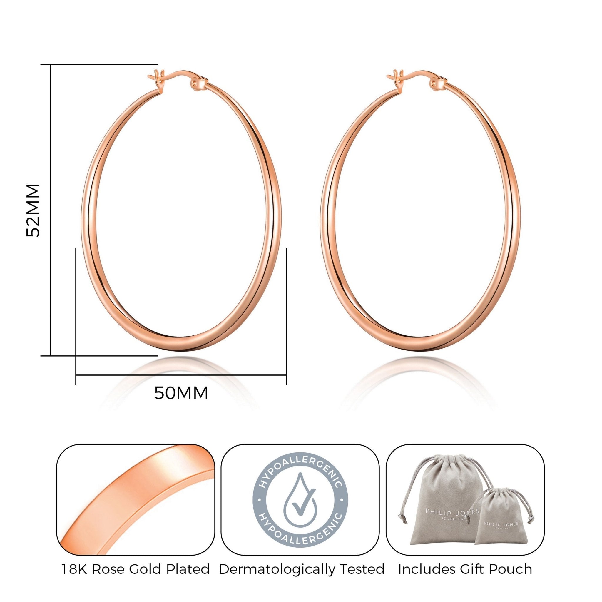 Rose Gold Plated 50mm Hoop Earrings - Philip Jones Jewellery