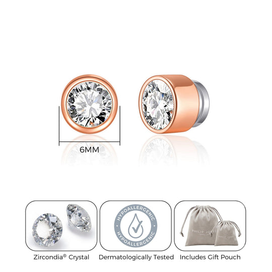Rose Gold Plated 6mm Magnetic Clip On Earrings Created with Zircondia® Crystals - Philip Jones Jewellery