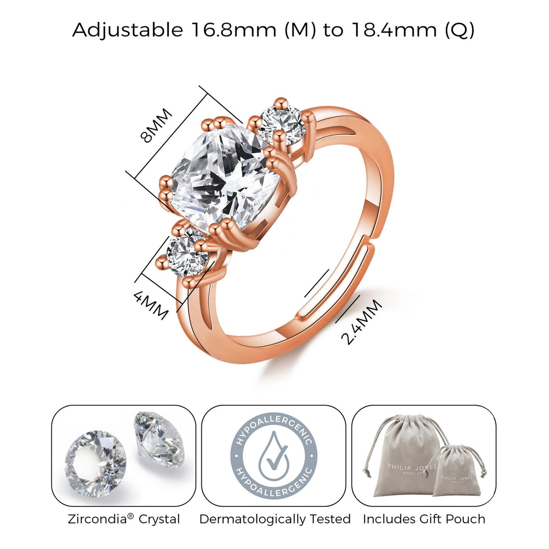 Rose Gold Plated Adjustable Three Stone Ring Created with Zircondia® Crystals - Philip Jones Jewellery