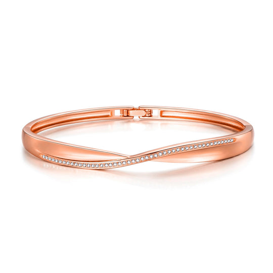Rose Gold Plated Arc Bangle Created with Zircondia® Crystals (7 Inch) - Philip Jones Jewellery