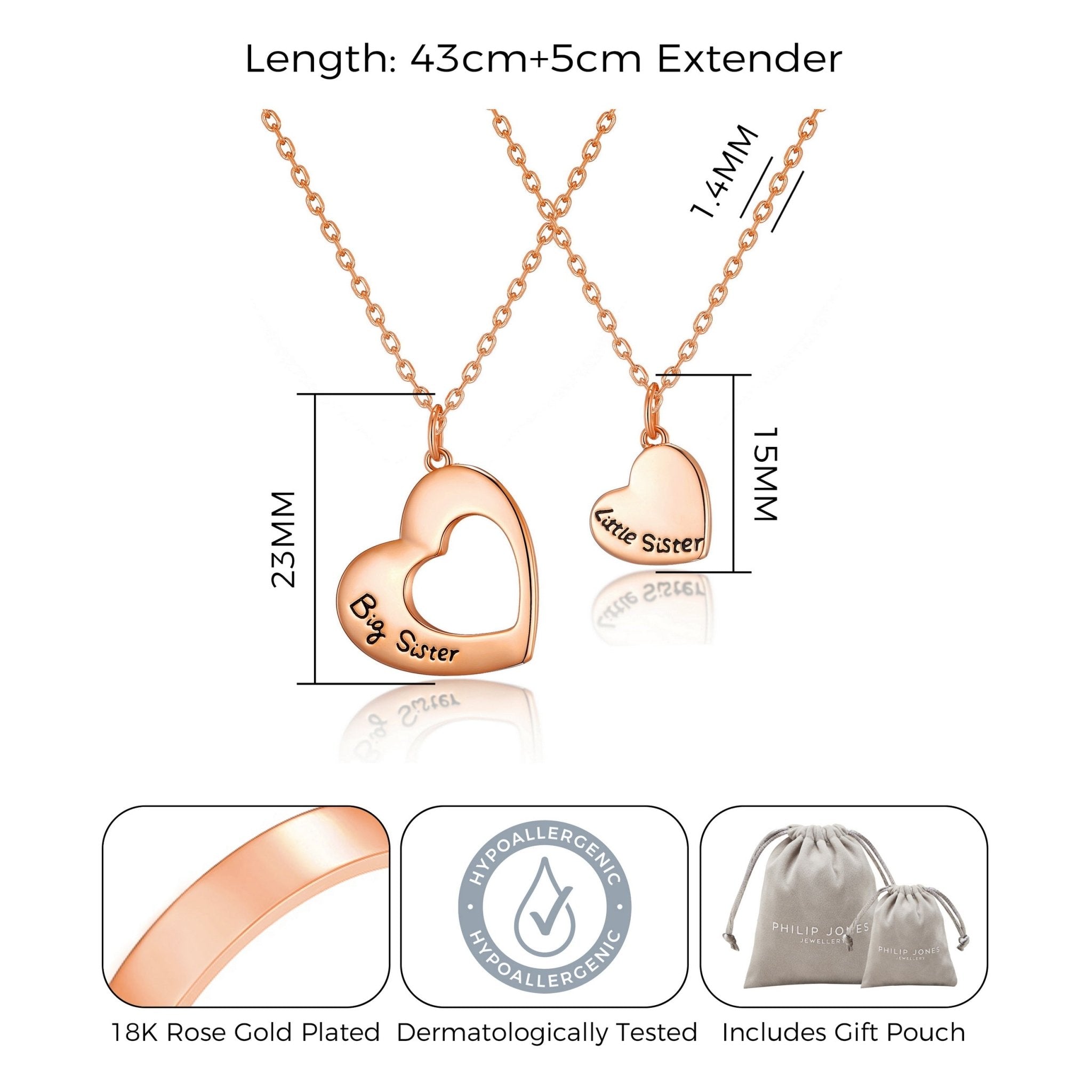 Rose Gold Plated Big Sister and Little Sister Necklace Set with Quote Card - Philip Jones Jewellery