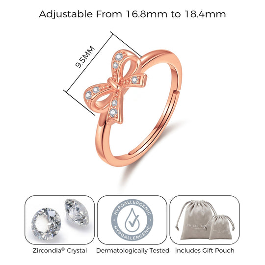 Rose Gold Plated Bow Adjustable Ring Created with Zircondia® Crystals - Philip Jones Jewellery