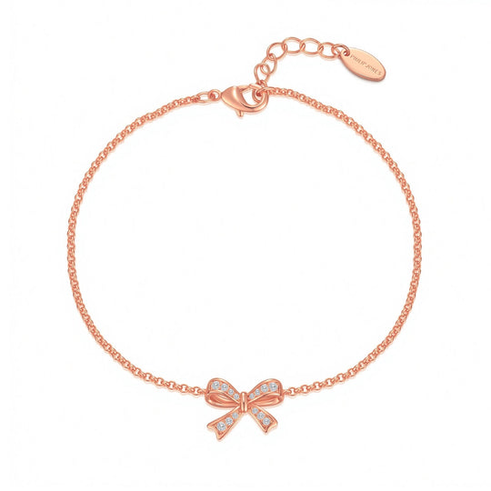 Rose Gold Plated Bow Bracelet Created with Zircondia® Crystals - Philip Jones Jewellery