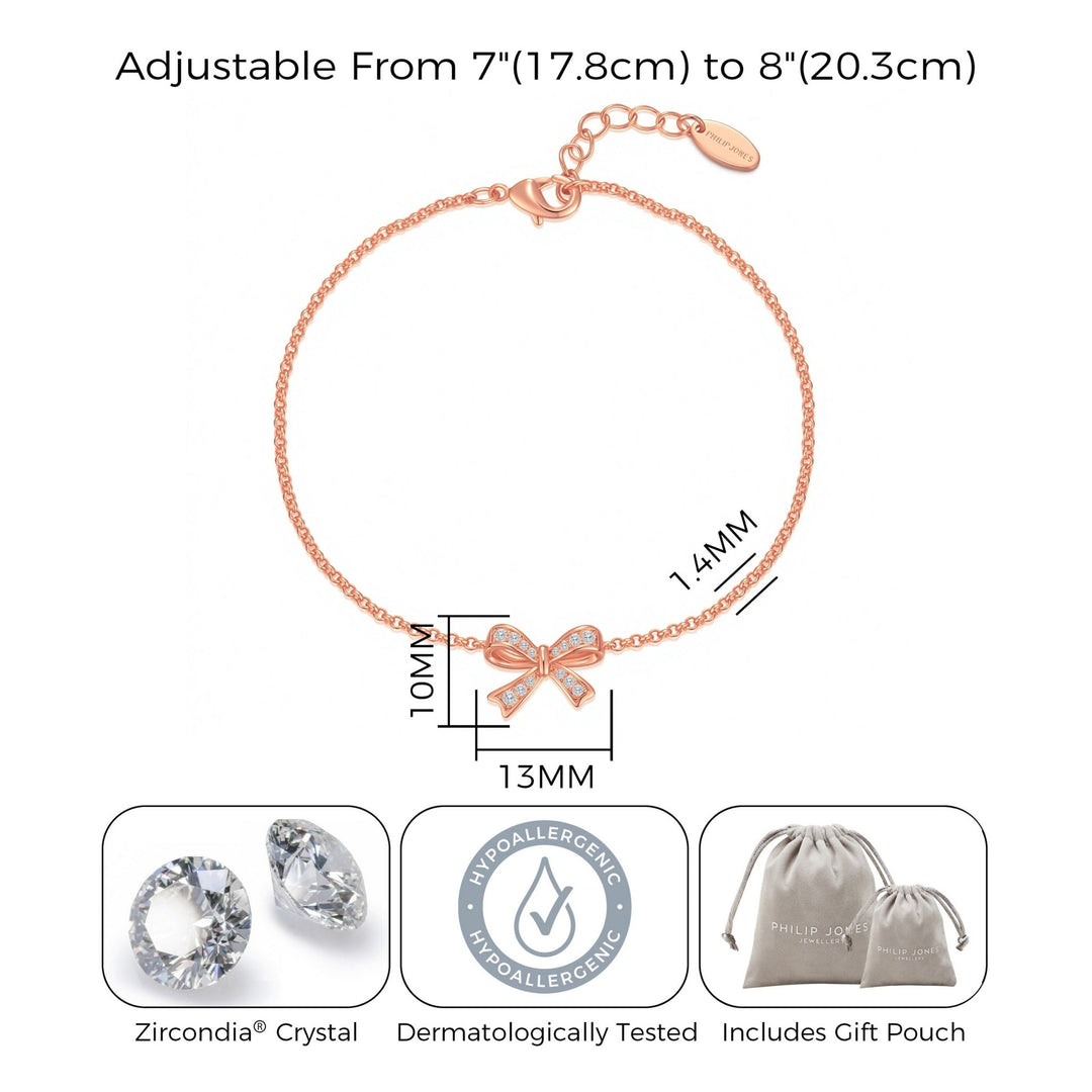 Rose Gold Plated Bow Bracelet Created with Zircondia® Crystals - Philip Jones Jewellery