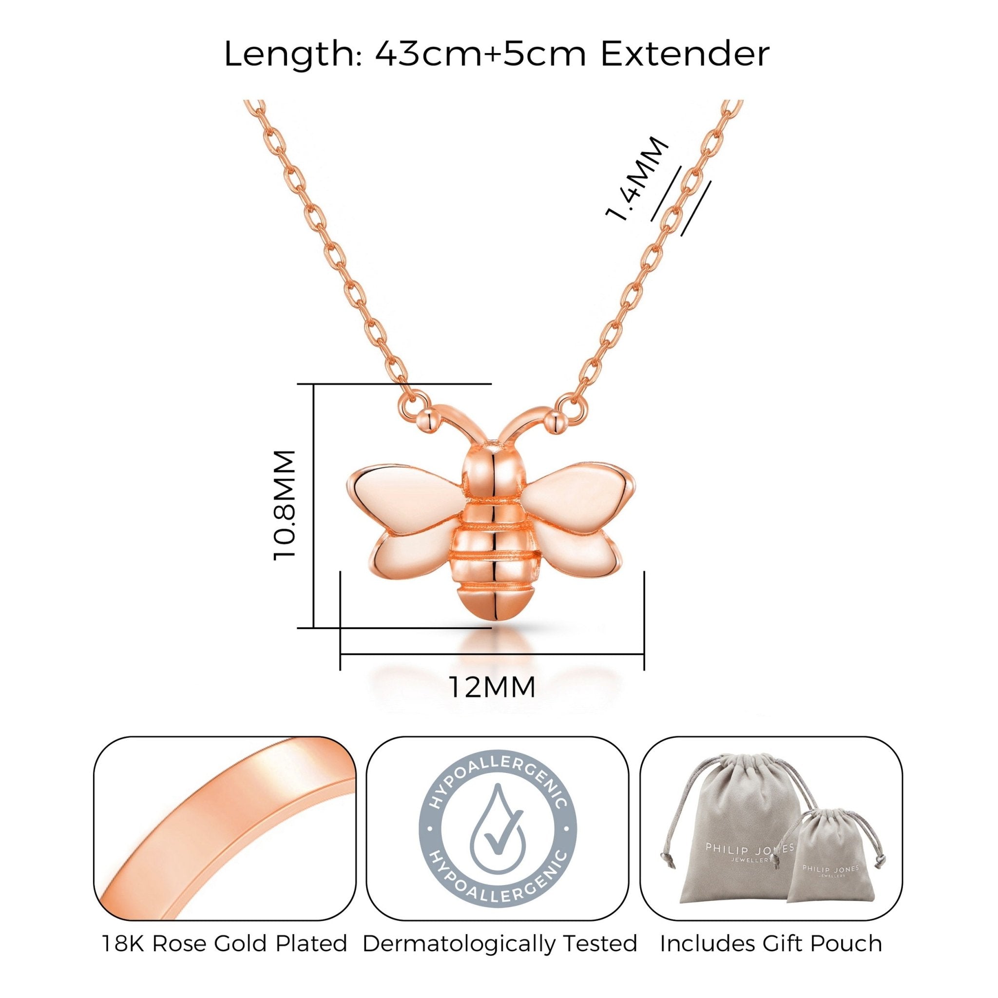 Rose Gold Plated Bumble Bee Necklace - Philip Jones Jewellery