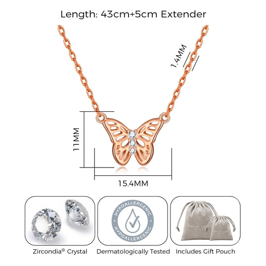 Rose Gold Plated Butterfly Necklace Created with Zircondia® Crystals - Philip Jones Jewellery