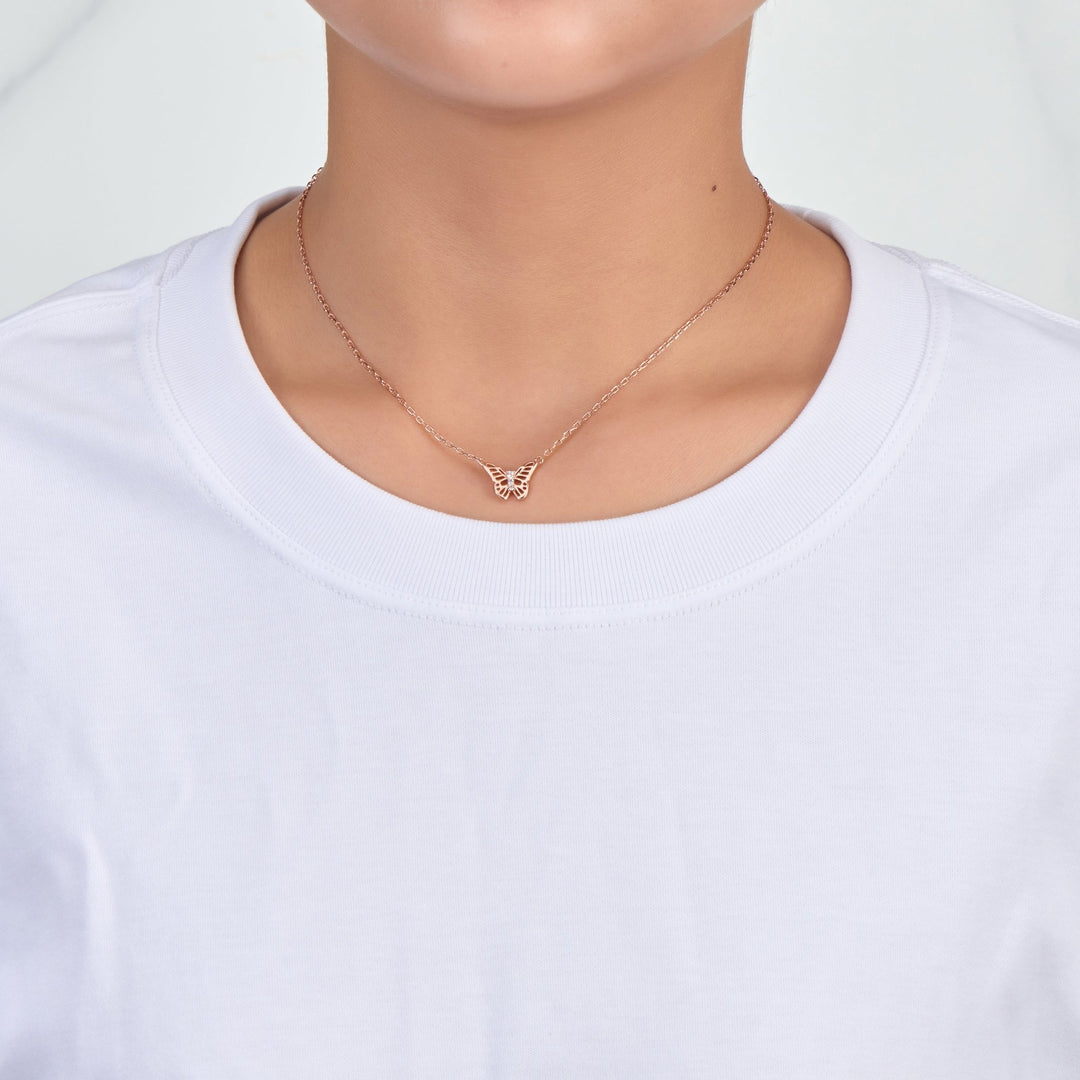 Rose Gold Plated Butterfly Necklace Created with Zircondia® Crystals - Philip Jones Jewellery