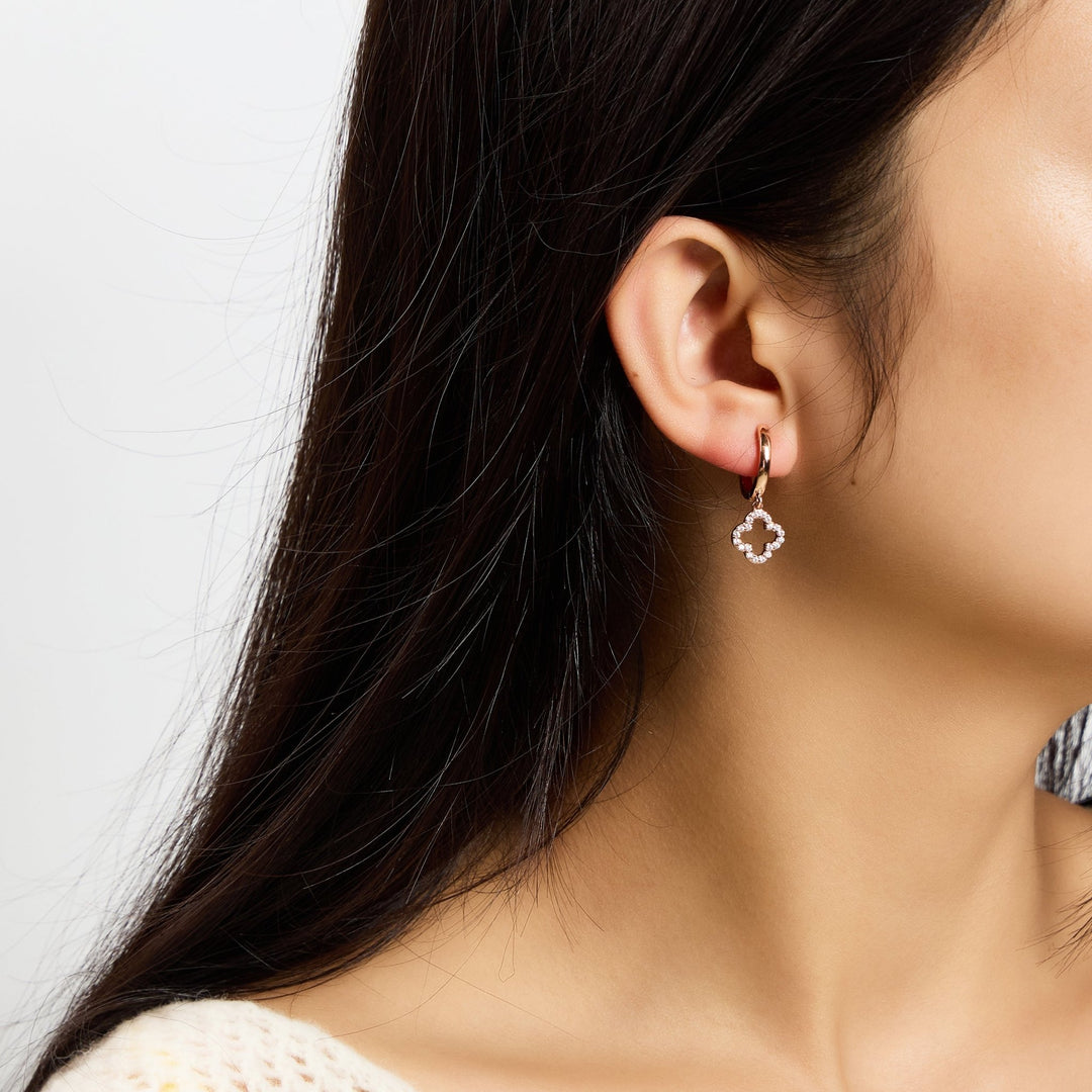 Rose Gold Plated Clover Charm Hoop Earrings Created with Zircondia® Crystals - Philip Jones Jewellery