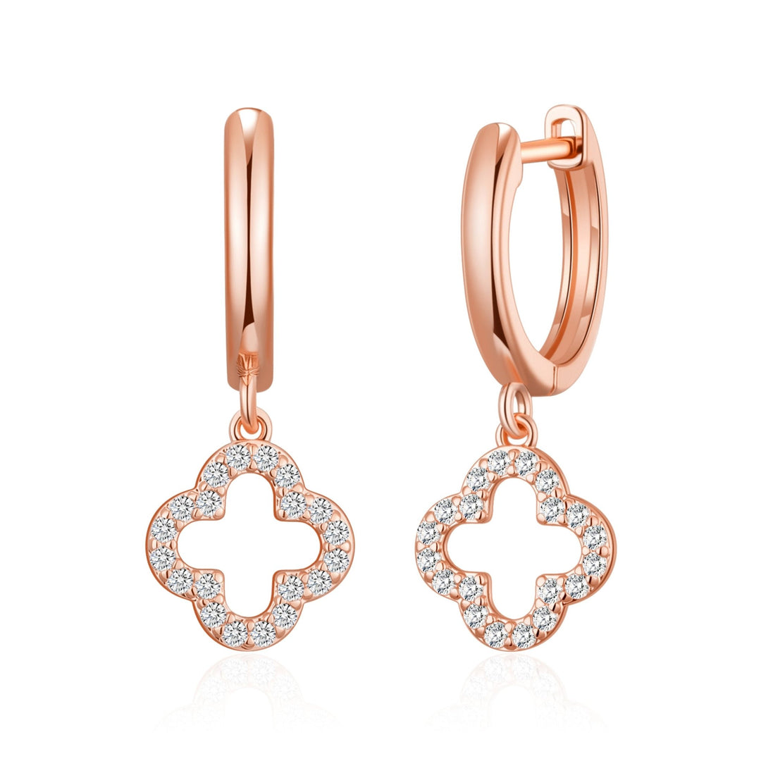 Rose Gold Plated Clover Charm Hoop Earrings Created with Zircondia® Crystals - Philip Jones Jewellery