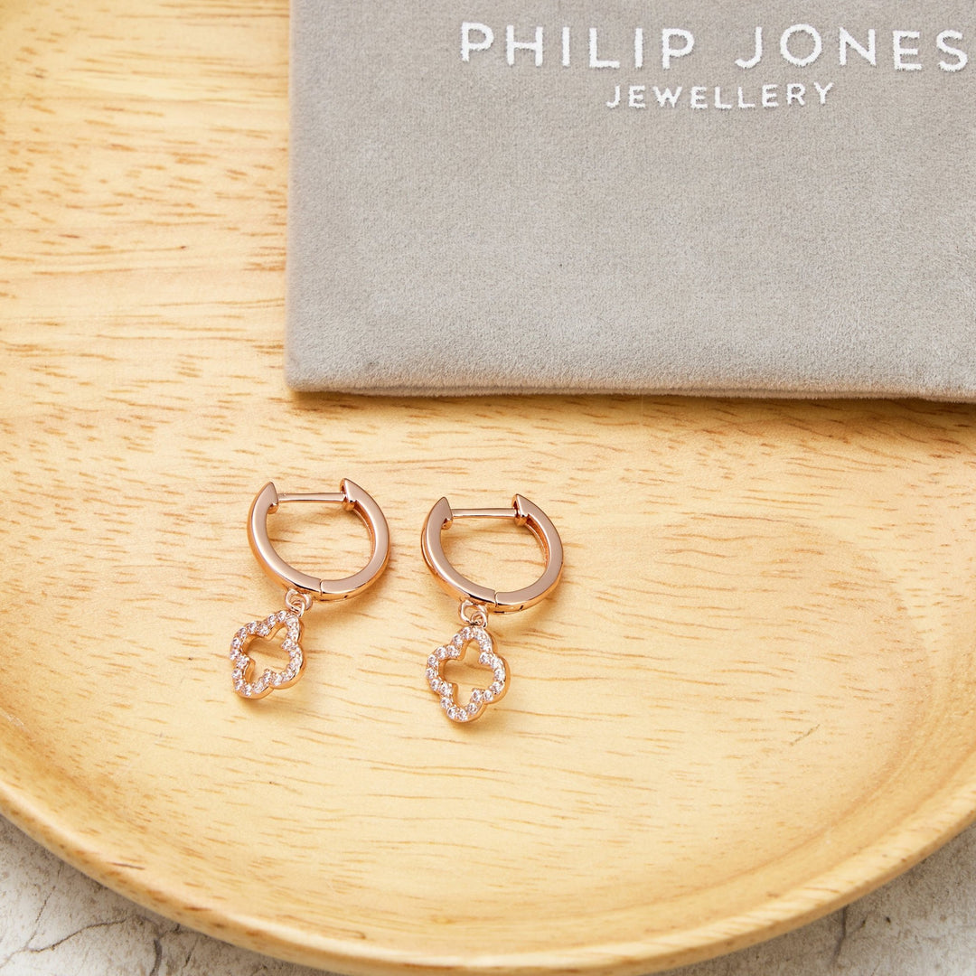 Rose Gold Plated Clover Charm Hoop Earrings Created with Zircondia® Crystals - Philip Jones Jewellery
