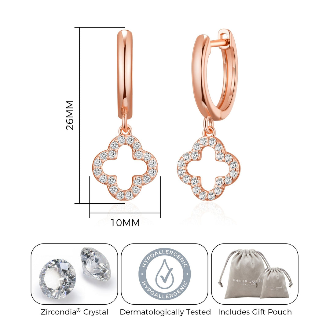Rose Gold Plated Clover Charm Hoop Earrings Created with Zircondia® Crystals - Philip Jones Jewellery
