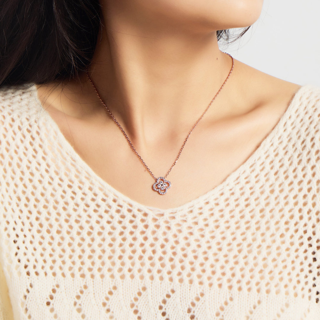 Rose Gold Plated Clover Halo Necklace Created with Zircondia® Crystals - Philip Jones Jewellery
