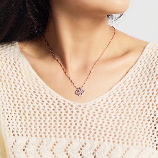 Rose Gold Plated Clover Halo Necklace Created with Zircondia® Crystals - Philip Jones Jewellery