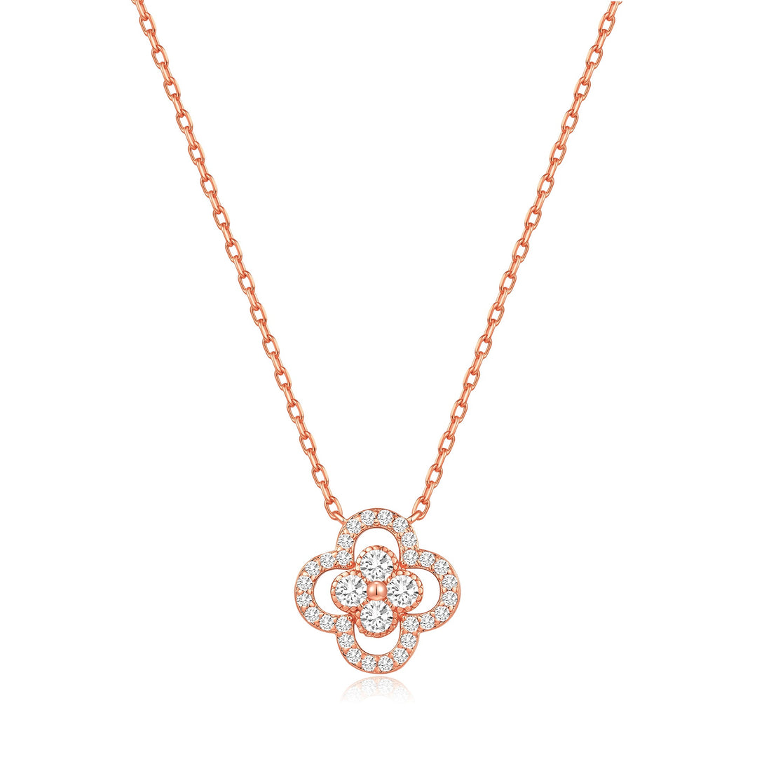 Rose Gold Plated Clover Halo Necklace Created with Zircondia® Crystals - Philip Jones Jewellery