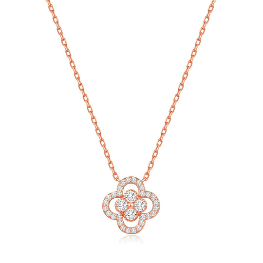 Rose Gold Plated Clover Halo Necklace Created with Zircondia® Crystals - Philip Jones Jewellery
