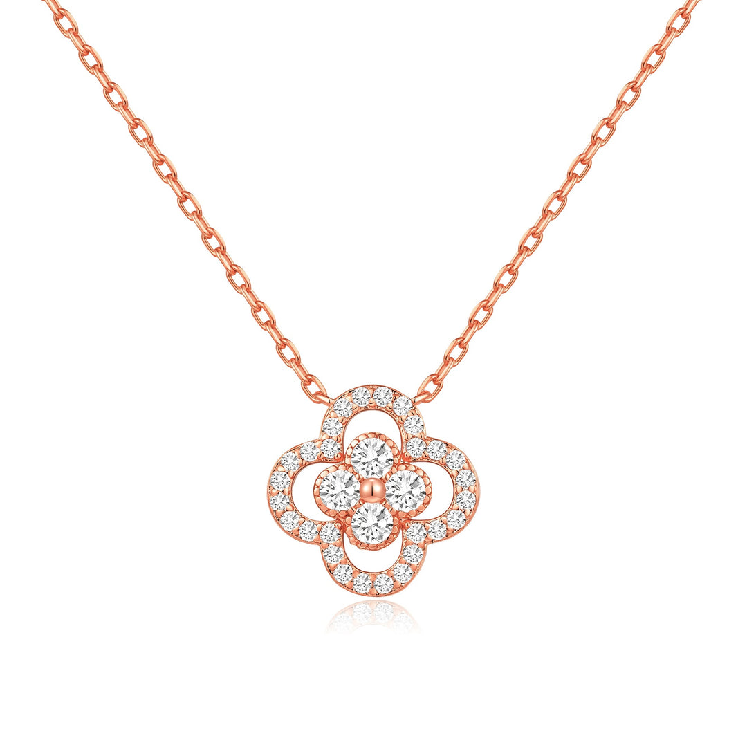 Rose Gold Plated Clover Halo Necklace Created with Zircondia® Crystals - Philip Jones Jewellery